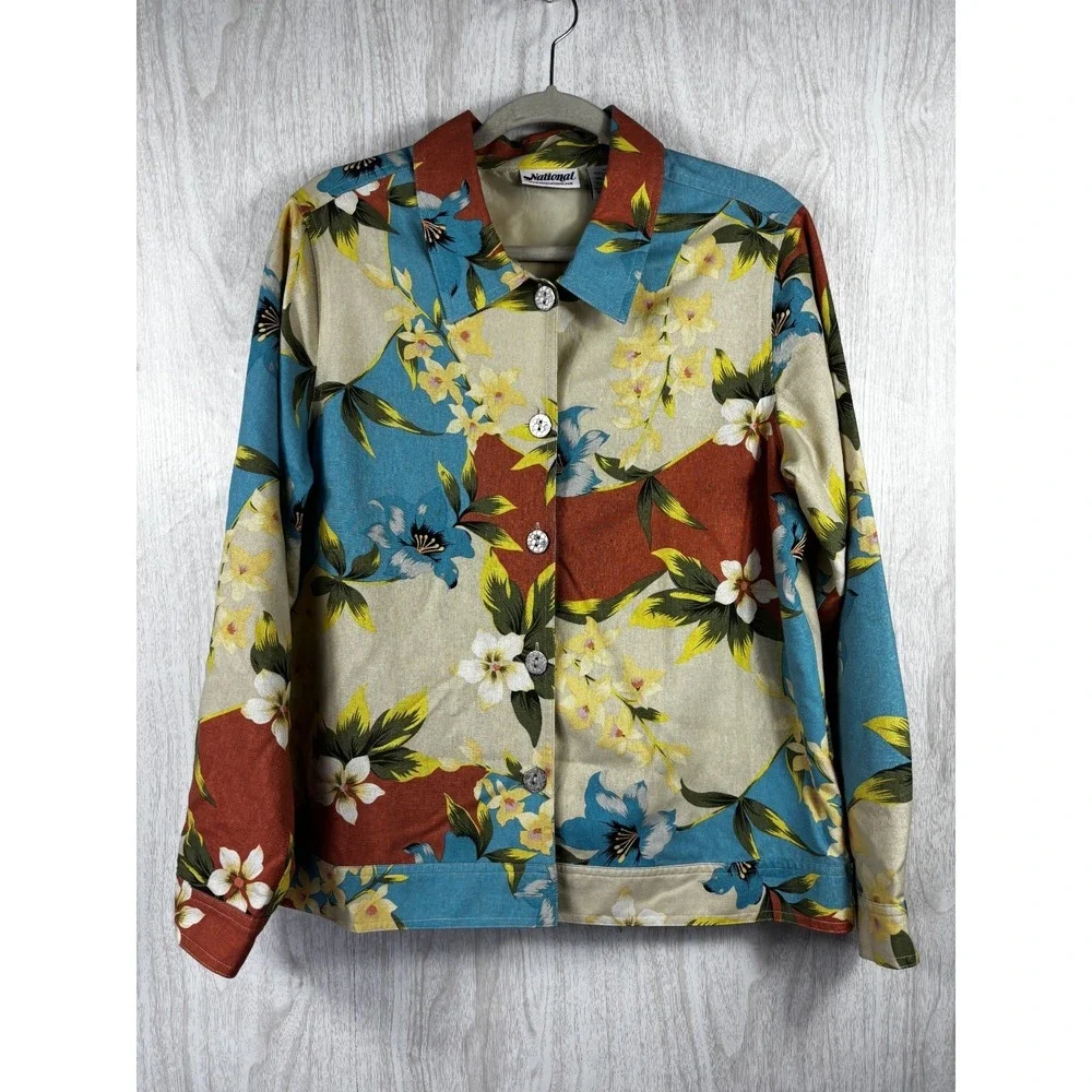 Vintage National 100% Silk Jacket Floral Tropical Aloha Boho Resort Chic Women M